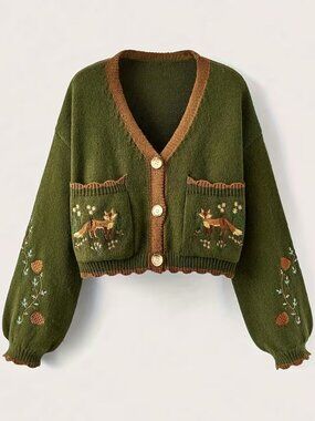 Button Up Fox Nature Army Green Cardigan With Pockets